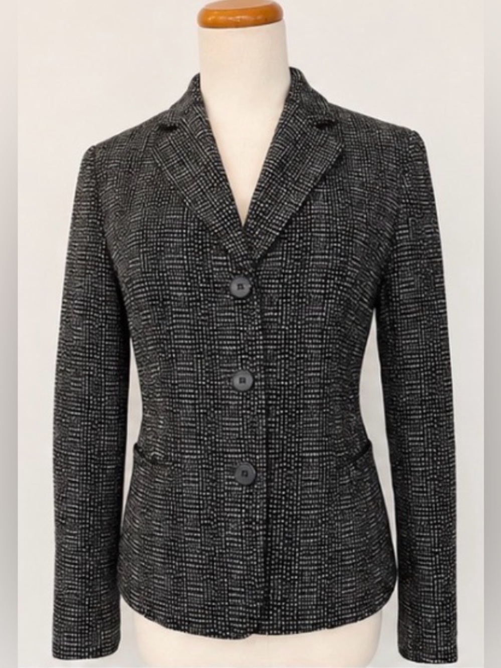 [Barry Bricken] Black White Tweed 100% Wool Fully Lined Blazer Jacket Sz 4